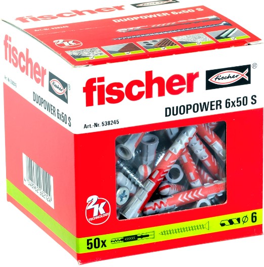 F3633538245 TASSELLO con VITE bi-materiale DUOPOWER 6 x 50mm + vite testa croce Art. 538255 Fischer