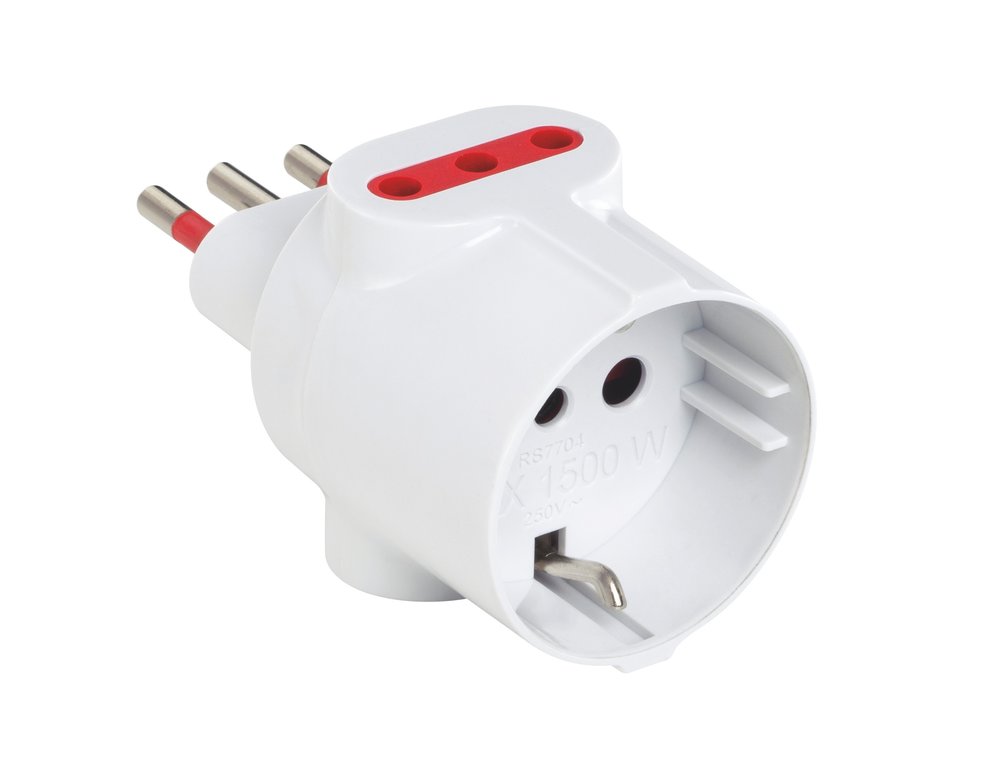 F3764100027 PVS ADATTATORE TRIPLO EMILIA SPECIALIST - 1 PRESE 10/16A - 2 PRESE 10A SPINA 10A 250V P30-P11-S11 BIANCO Art. RS7704B Ro...